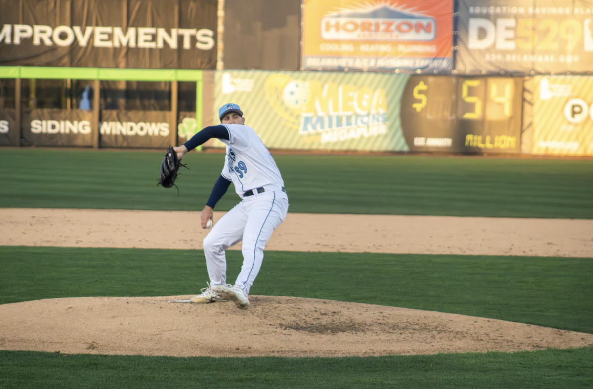 Travis Sthele delivers the pitch. Sthele struck out four in the 6-1 loss. - Photo via Hannah Capolingua